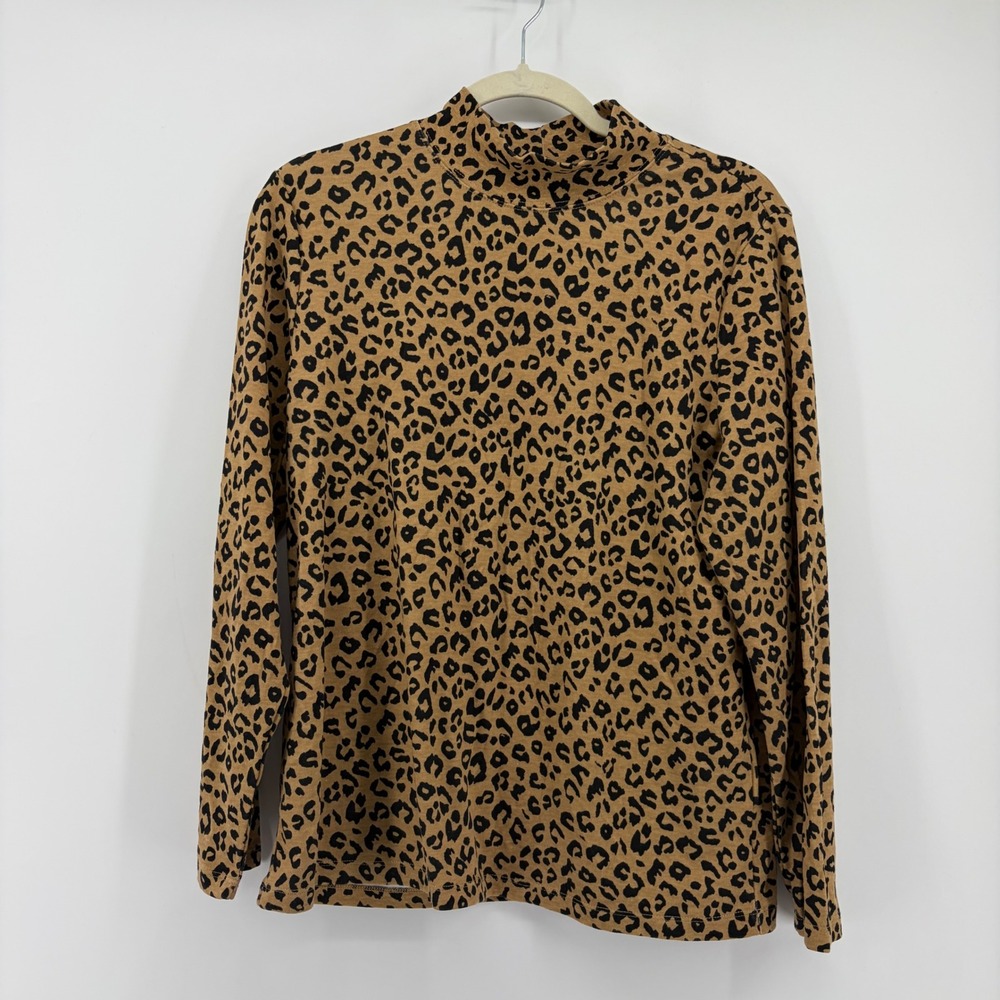 Karen Scott Womens L Tan Leopard Mock‎ Neck Long Sleeve Cotton Blend Top